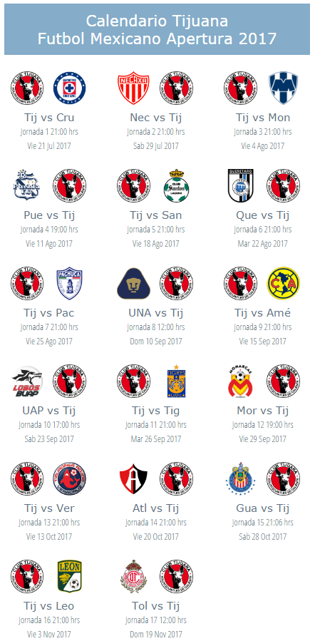 Calendario de Xolos Tijuana apertura 2017 del futbol mexicano